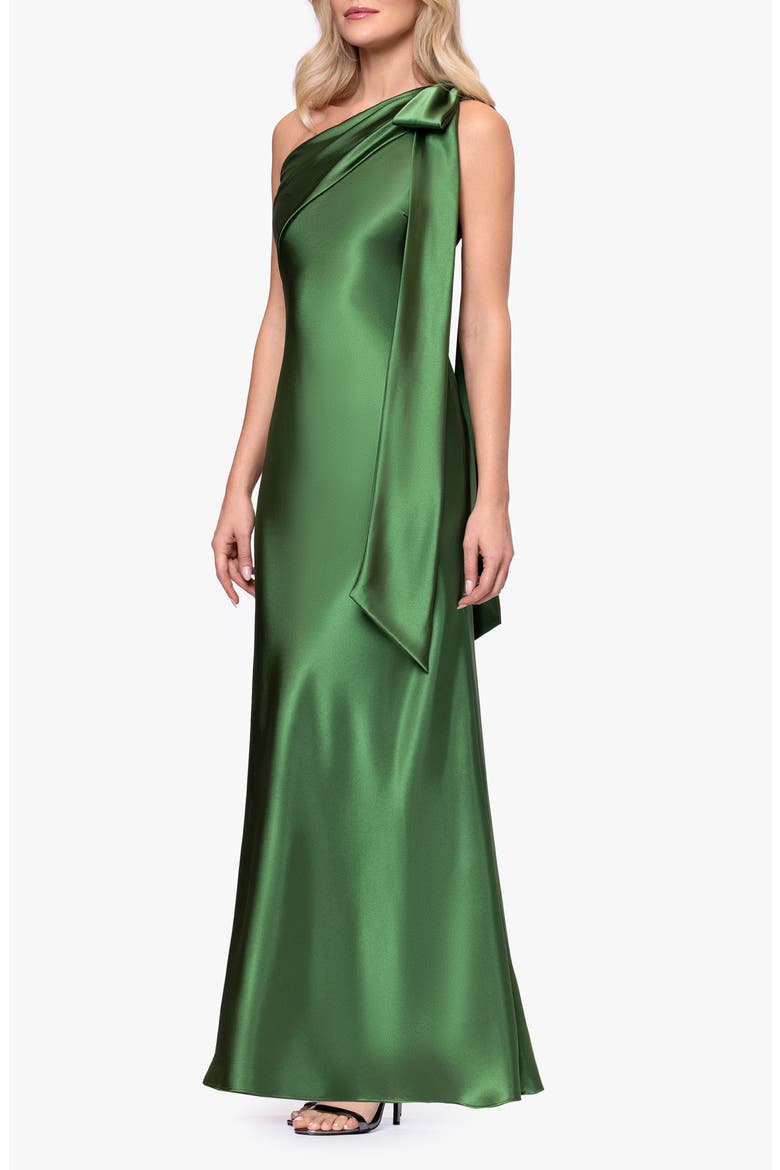 Bow Detail One-Shoulder Satin Gown, Alternate, color, MOSS