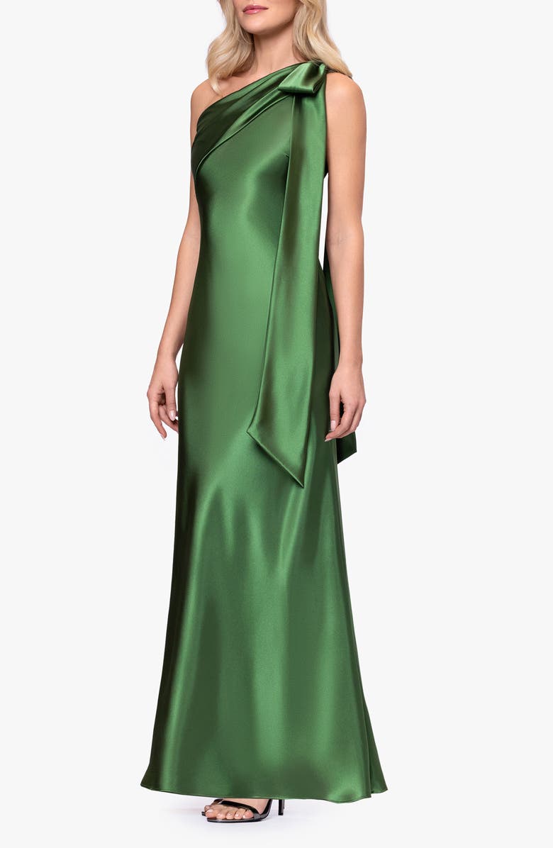 Betsy & Adam Bow Detail One-Shoulder Satin Gown, Alternate, color, Moss