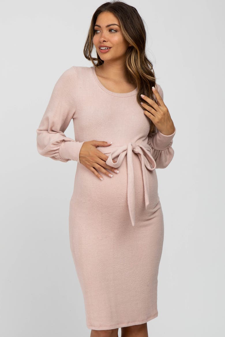 Soft Brushed Waist Tie Bubble Sleeve Dress, Alternate, color, Pink