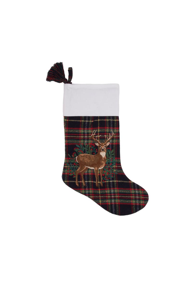 Embroidered Deer and Berry Botanicals on Plaid Christmas Stocking, Main, color, Brown