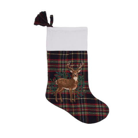 Embroidered Deer and Berry Botanicals on Plaid Christmas Stocking