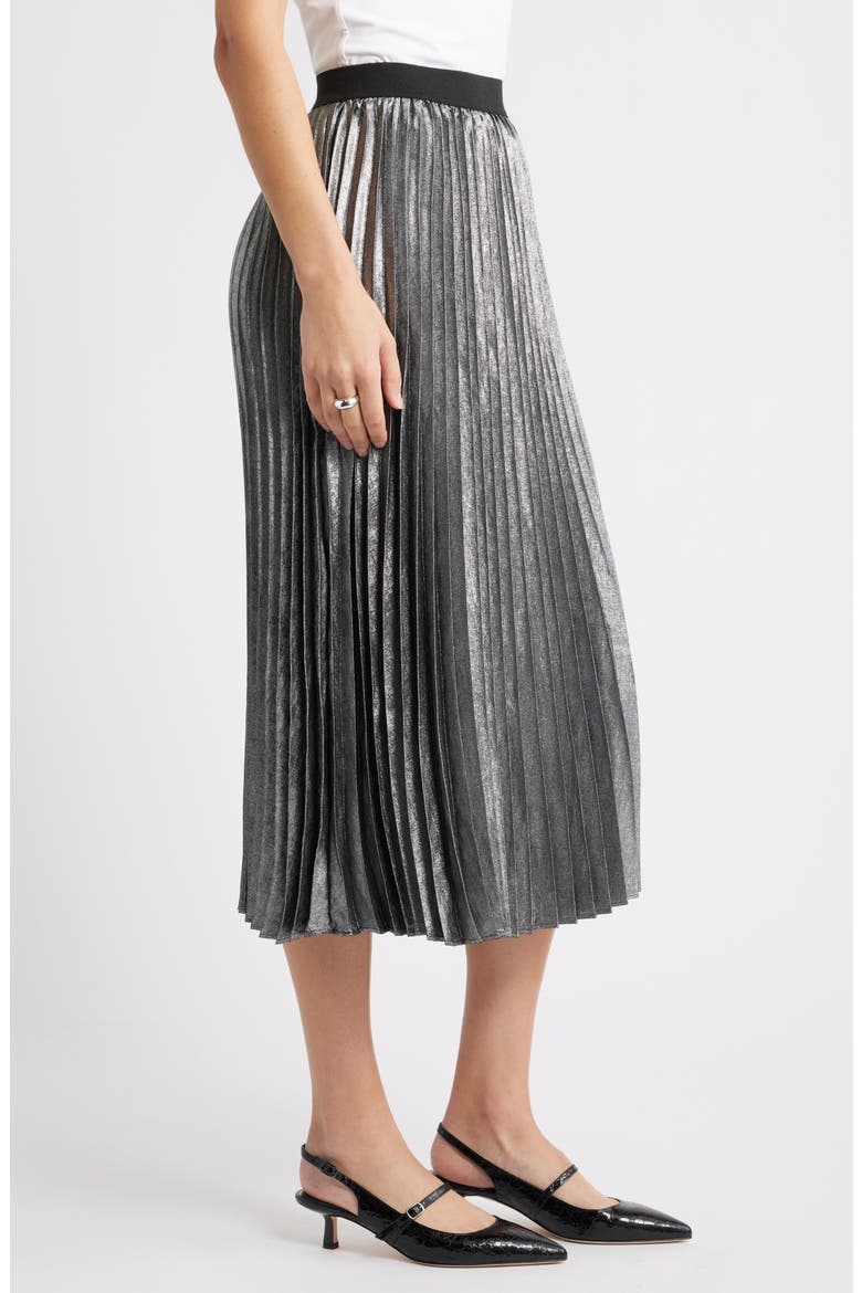 Pleated Metallic Midi Skirt, Alternate, color, SILVER