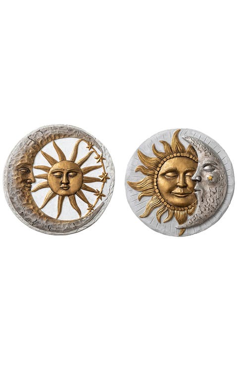 Set of 2 Cement Sun and Moon Textured Stepping Stones