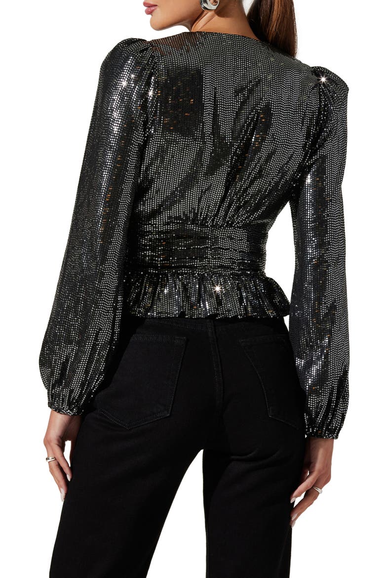 Metallic Sequin Long Sleeve Peplum Top, Alternate, color, BLACK SILV