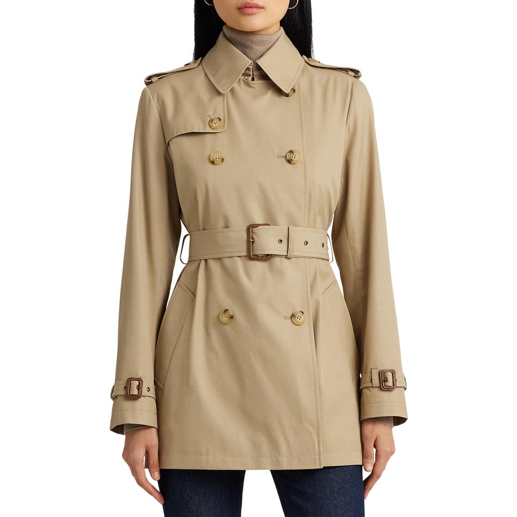 Ralph Lauren Lauren Belted Double Breasted Trench Coat With Faux Leather Trim In Birch Tan