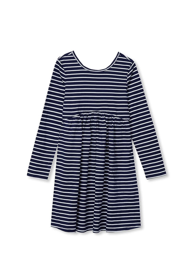 Girls Long Sleeve Gathered Waist Jersey Dress, Main, color, Dark Navy Stripe
