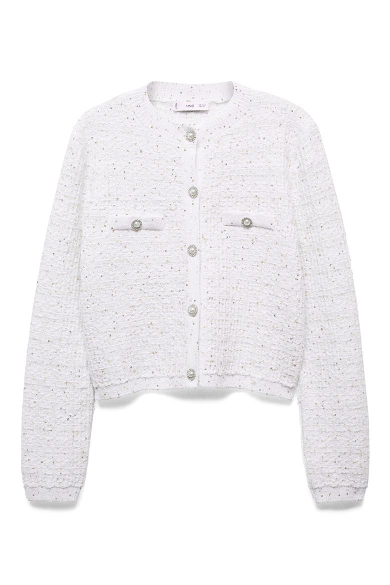 Imitation Pearl & Crystal Button Sequin Tweed Cardigan, Main, color, ECRU
