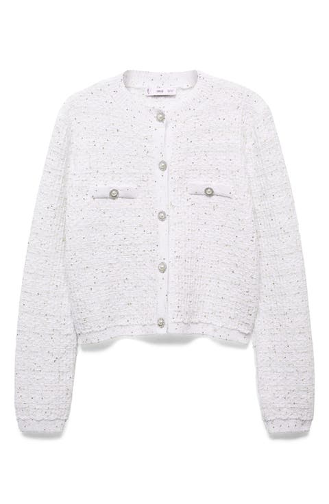 Imitation Pearl & Crystal Button Sequin Tweed Cardigan