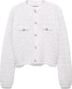 MANGO Imitation Pearl & Crystal Button Sequin Tweed Cardigan