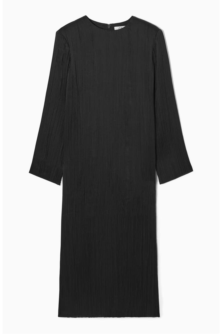 Long Sleeve Recycled Polyester Plissé Midi Dress, Alternate, color, BLACK DARK