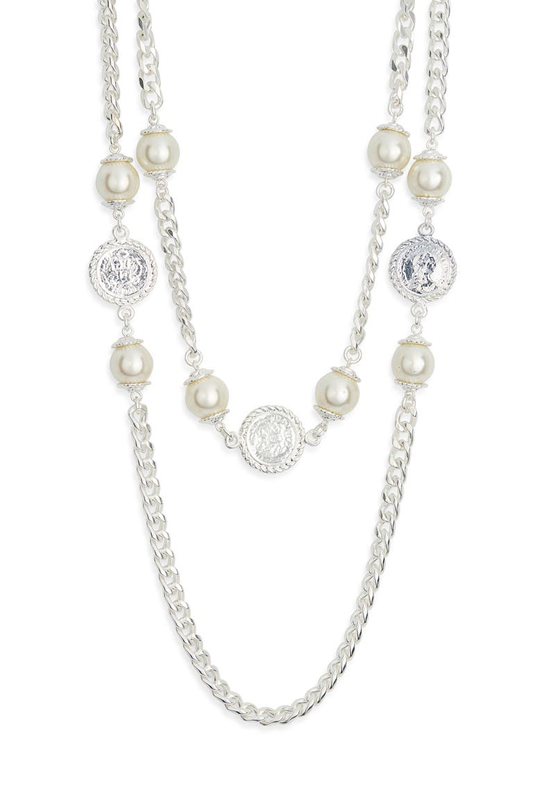 Faux Pearl Coin Station Chain Necklace, Main, color, SILVER