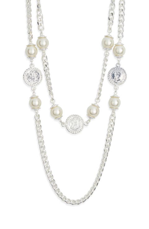 Faux Pearl Coin Station Chain Necklace
