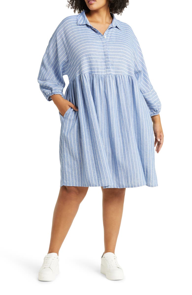 Caslon<sup>®</sup> Long Sleeve Linen Blend Shirtdress, Main, color, Blue- White Lena Stp