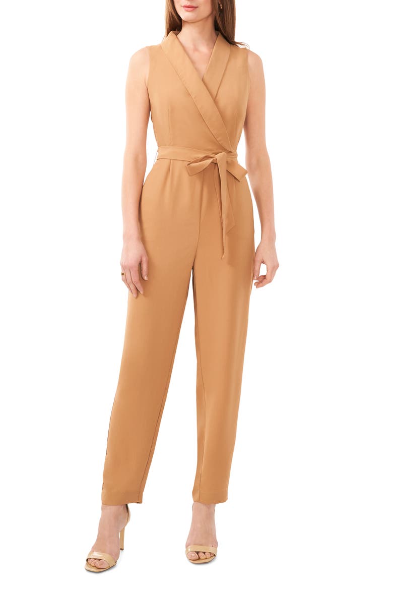 Tie Waist Surplice V-Neck Jumpsuit, Main, color, TRUFFLE BROWN