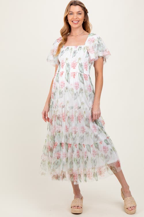 Pinkblush Floral Mesh Smocked Midi Dress In White