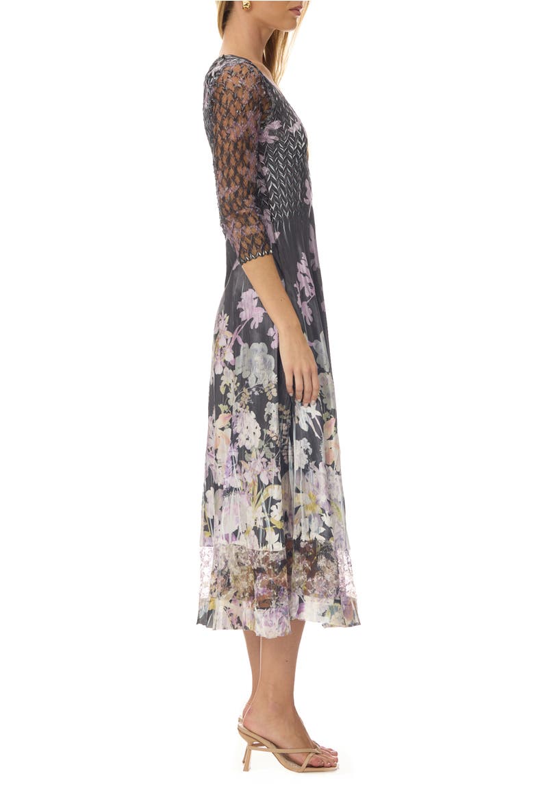 Floral Border Charmuese Dress with Lace Sleeves, Alternate, color, Orchid Border