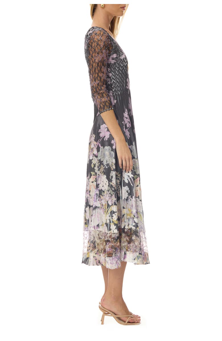 Komarov Floral Border Charmuese Dress with Lace Sleeves, Alternate, color, Orchid Border