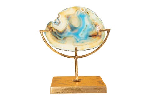 Decorative Agate Slice Accent on Metal Stand, Marbled Indigo (Each Will Vary)