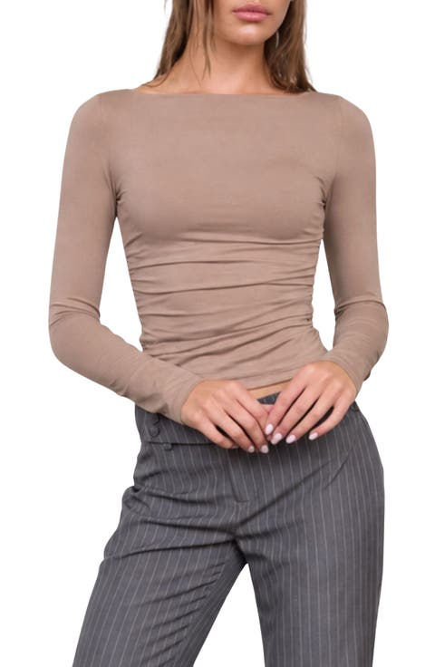 Boat Neck Long Sleeve Rib Top