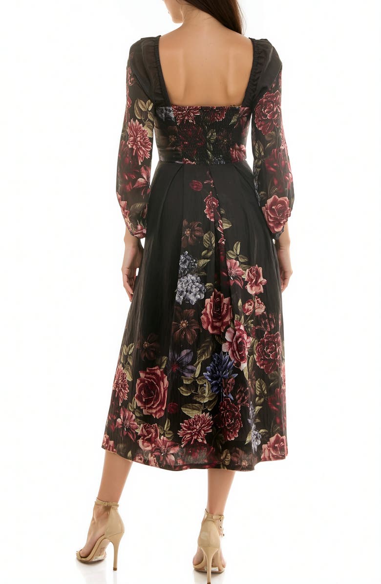 Socialite Long Sleeve Smocked Back Panel Midi Dress, Alternate, color, Black/ Wine