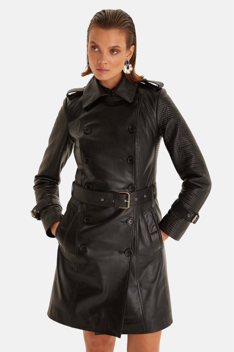 Greenwich Leather Trench Coat, Alternate, color, Black