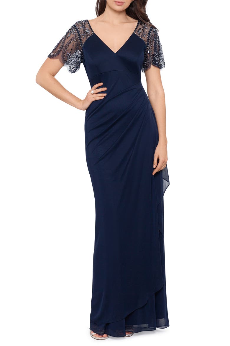 Xscape Beaded Sleeve Ruched Column Gown, Main, color, NAVY