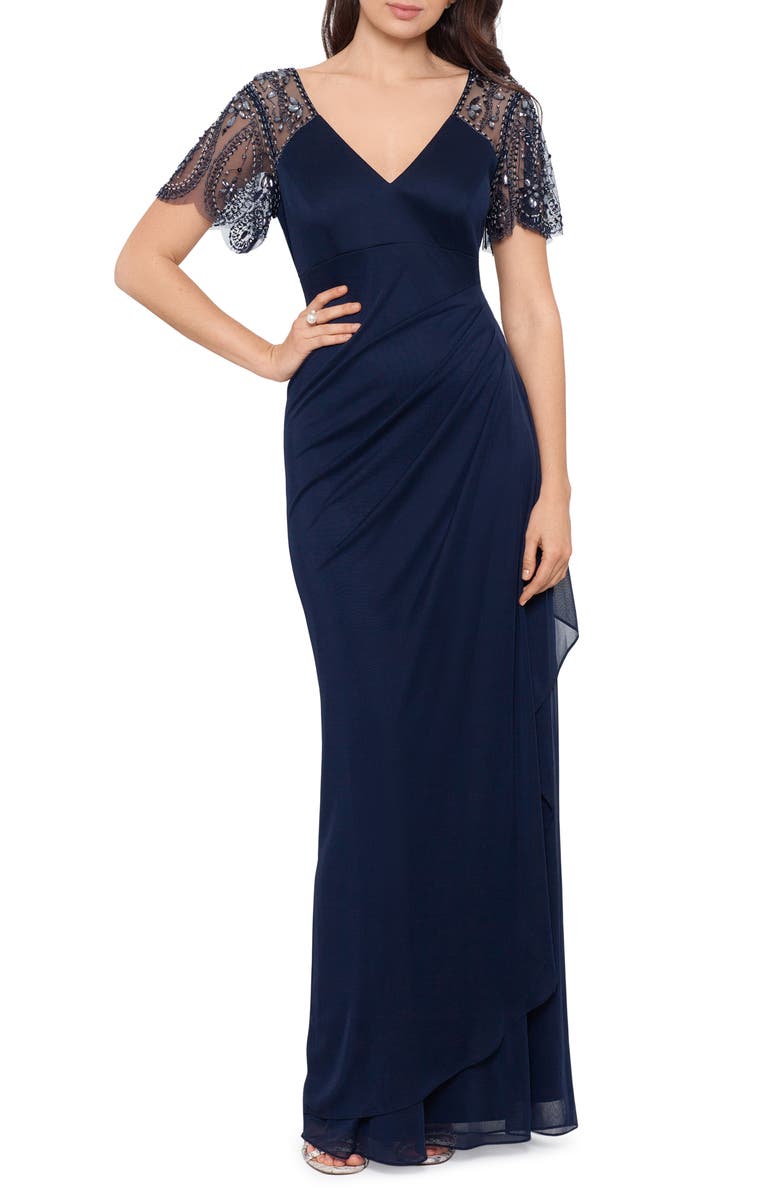 Xscape Evenings Xscape Beaded Sleeve Ruched Column Gown, Main, color, Navy