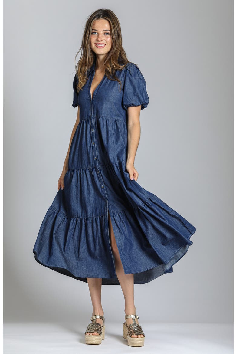 denim western dress puff sleeve smocked tiered Long Tiered Dress With Puff Sleeve Medium Indigo - Long Tiered Dress / M