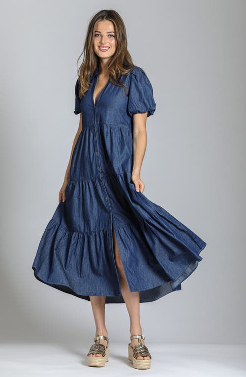 Apny Puff Sleeve Tiered Denim Maxi Dress In Dark Indigo