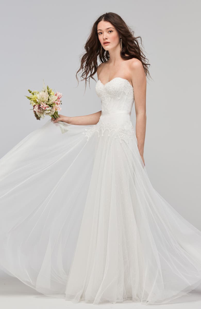 Willowby Lupine Strapless Chantilly Lace & Net Gown, Alternate, color, 