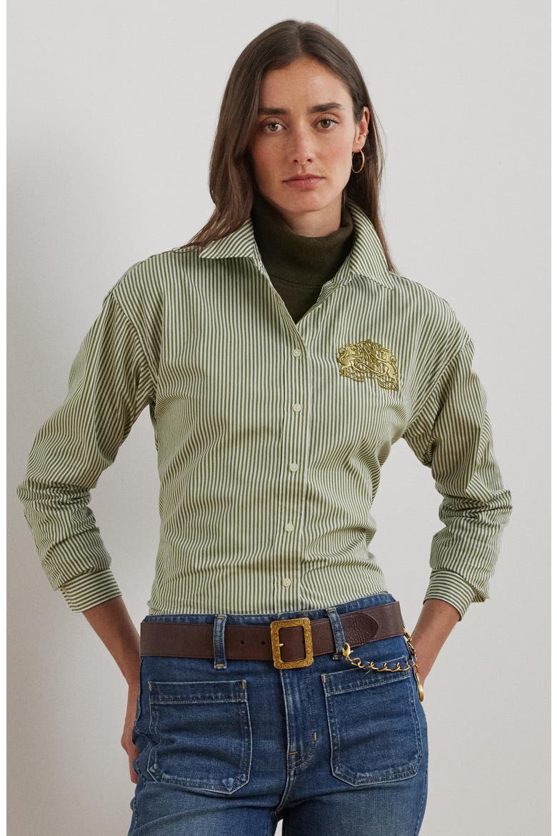 Stripe Cotton Button-Up Shirt, Alternate, color, OLIVE/ WHITE