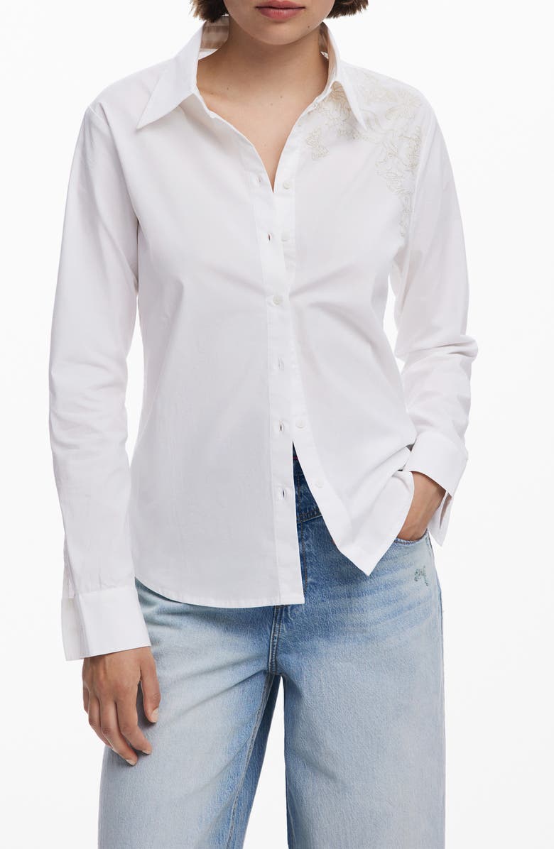 Desigual Embroidered Long Sleeve Stretch Cotton Button-Up Shirt, Main, color, White/ Light Beige