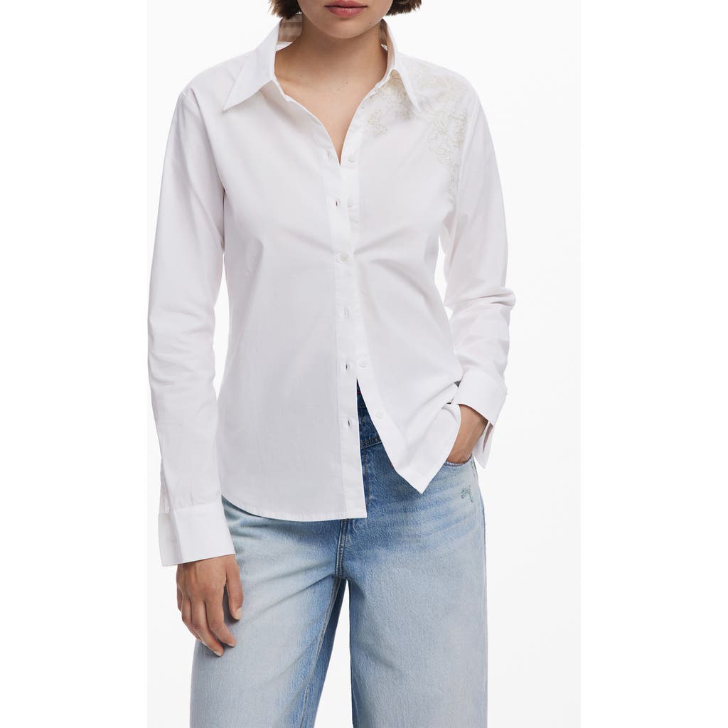 Desigual Embroidered Long Sleeve Stretch Cotton Button-up Shirt In White