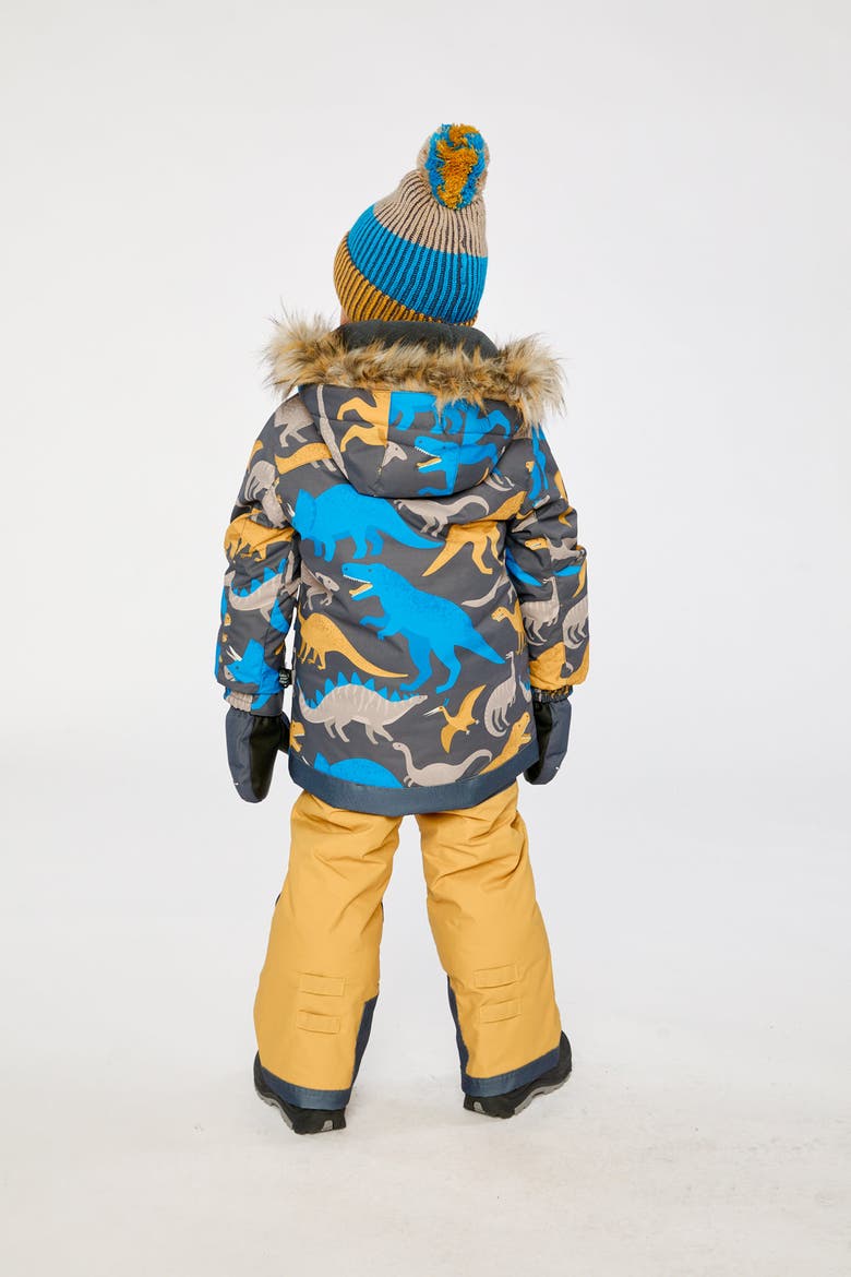 Play Dinosaur Jacket & Reinforced Pants Two Piece Snowsuit, Alternate, color, Grey and Blue Dinosaur Print