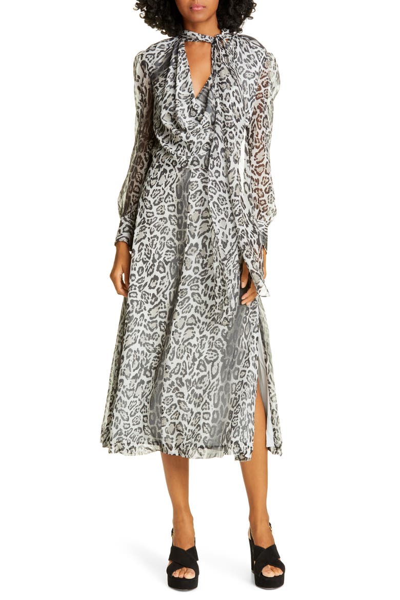 Tommy x Zendaya Leopard Tie Neck Long Sleeve Midi Dress (Nordstrom Exclusive), Main, color, SNOW LEOPARD PRINT
