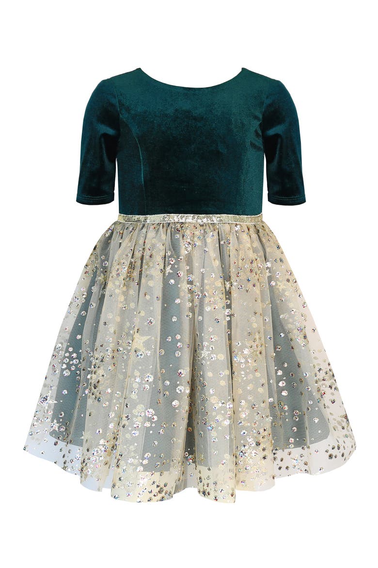 Kids' Sequin Velvet & Mesh Party Dress, Main, color, HUNTER / GOLD