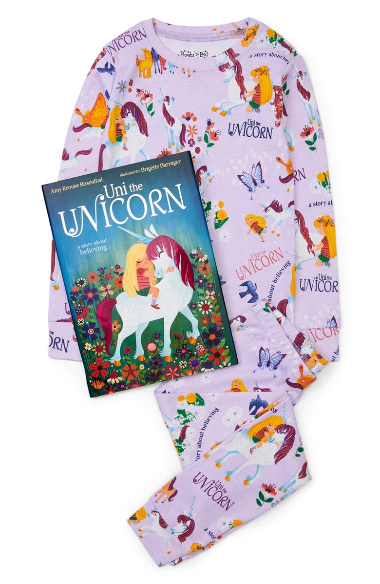 Books to Bed Kids' 'Uni the Unicorn' Fitted Two-Piece Pajamas & Book Set, Main, color, 