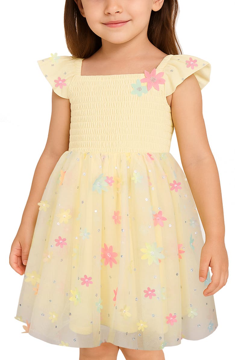 Zunie Kids' Floral Appliqué Mesh Dress, Alternate, color, Yellow