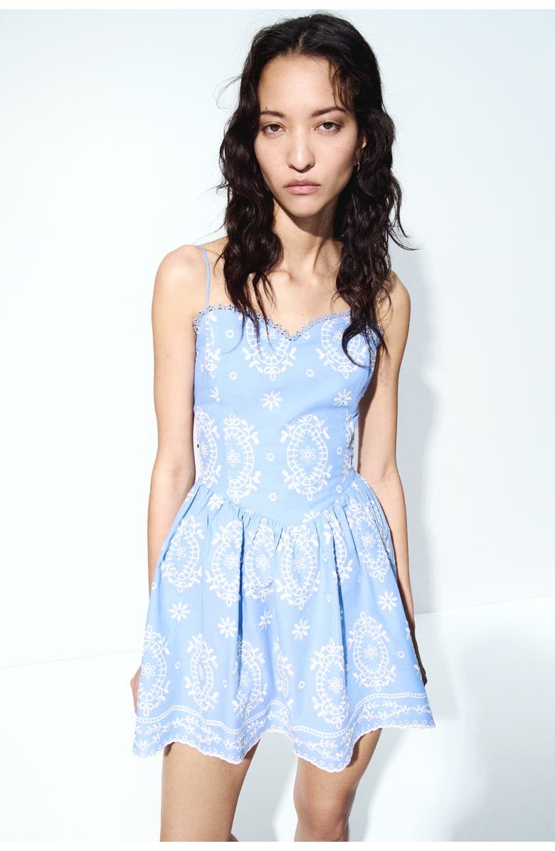 H&M Embroidered Tie-strap Dress, Alternate, color, Light Blue/Patterned