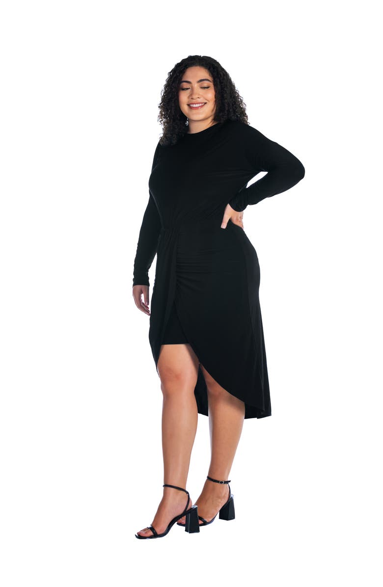 24seven Comfort Apparel Long Sleeve Dressy Tulip Skirt Knee Length Dress, Alternate, color, Black