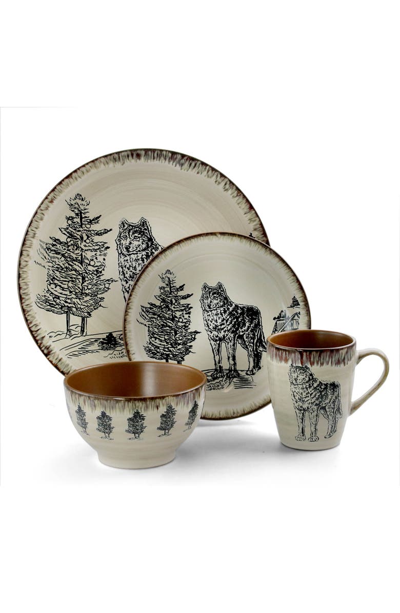 Elama Majestic Wolf 16 Piece Luxurious Stoneware Dinnerware with Complete Setting for 4, Alternate, color, Beige