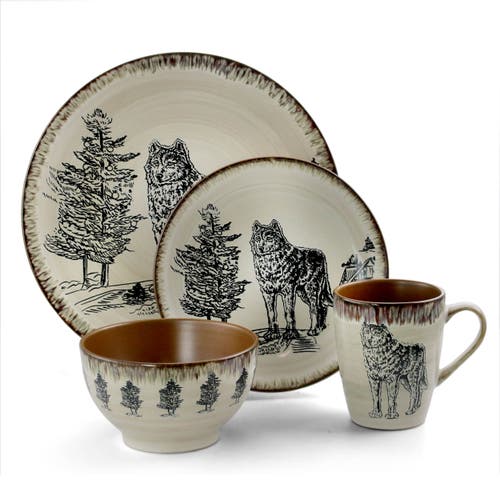 Elama Majestic Wolf 16 Piece Luxurious Stoneware Dinnerware With Complete Setting For 4 In Multi