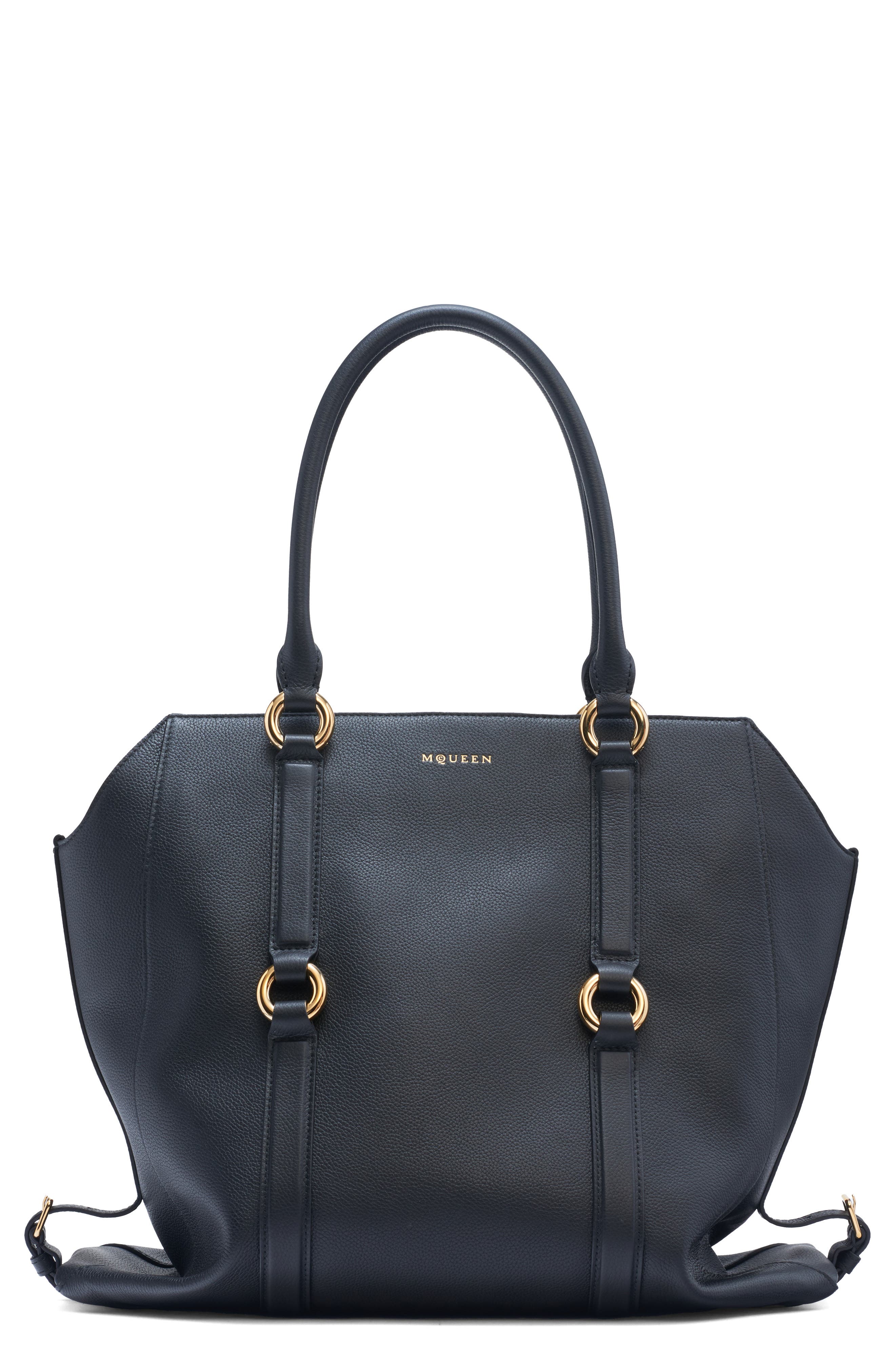 McQueen Farringdon Leather North/South Tote, Main, color, Black/ Gold