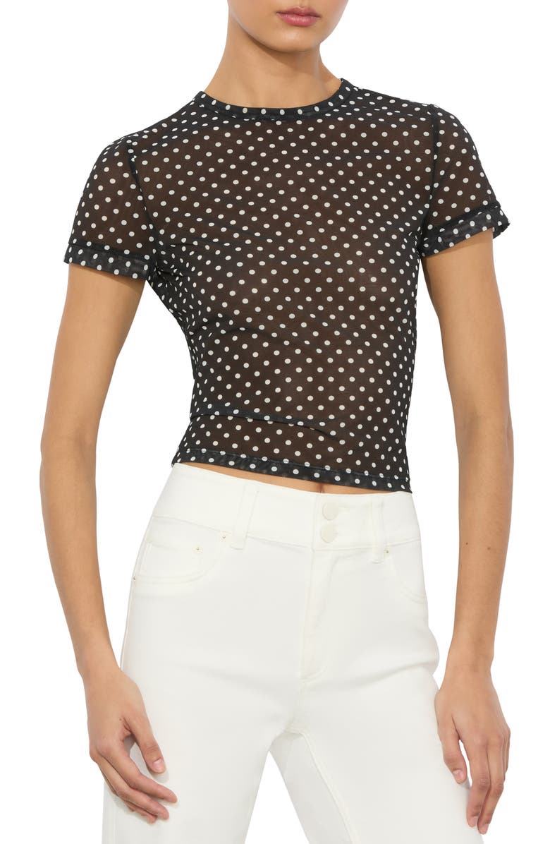 Alice + Olivia Tess Print Mesh Top, Main, color, Black With White Dots