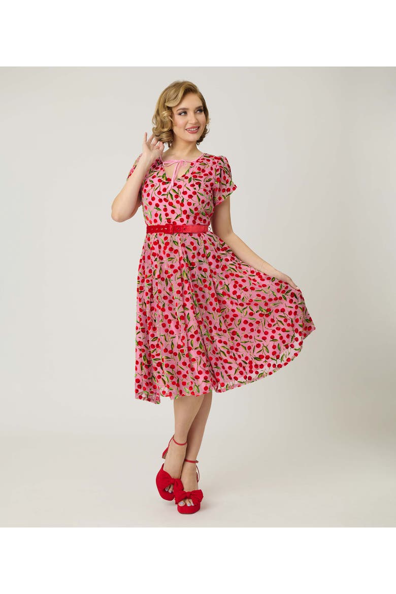 Short Petal Sleeve Tie Neck Dahlia Swing Dress, Main, color, Pink W/ Cherries