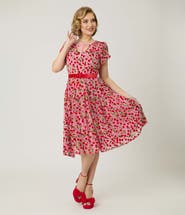 Unique Vintage Short Petal Sleeve Tie Neck Dahlia Swing Dress