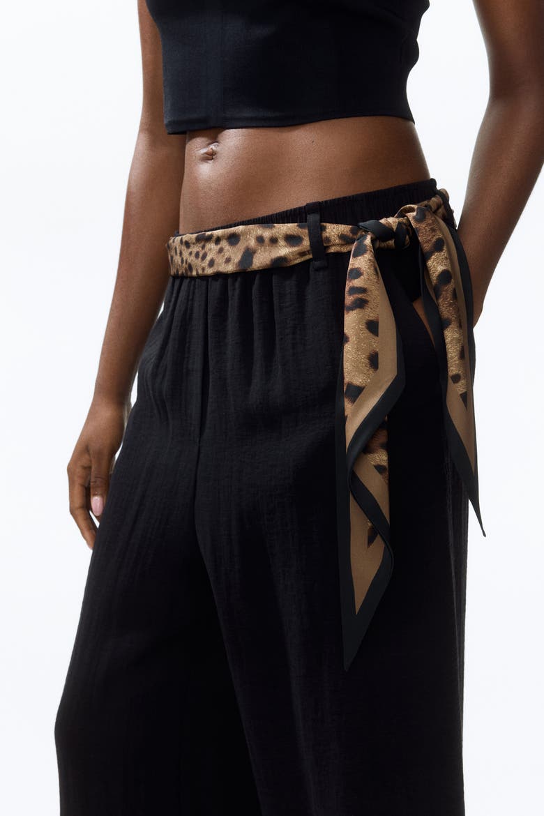 Scarf-detail Linen-blend Trousers, Alternate, color, Black