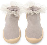 Komuello Toddler Girl Sock Shoes Tulle Trim - Beige