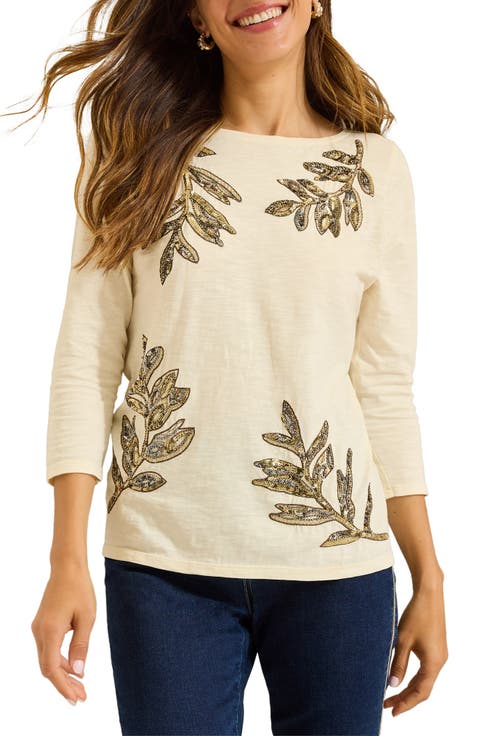 Forever Fronds Sequin Embellished Organic Cotton Graphic T-Shirt