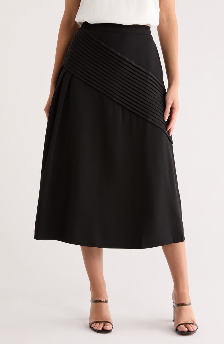 Forgotten Grace Ruffle Stripe Pleat Midi Skirt, Main, color, Black